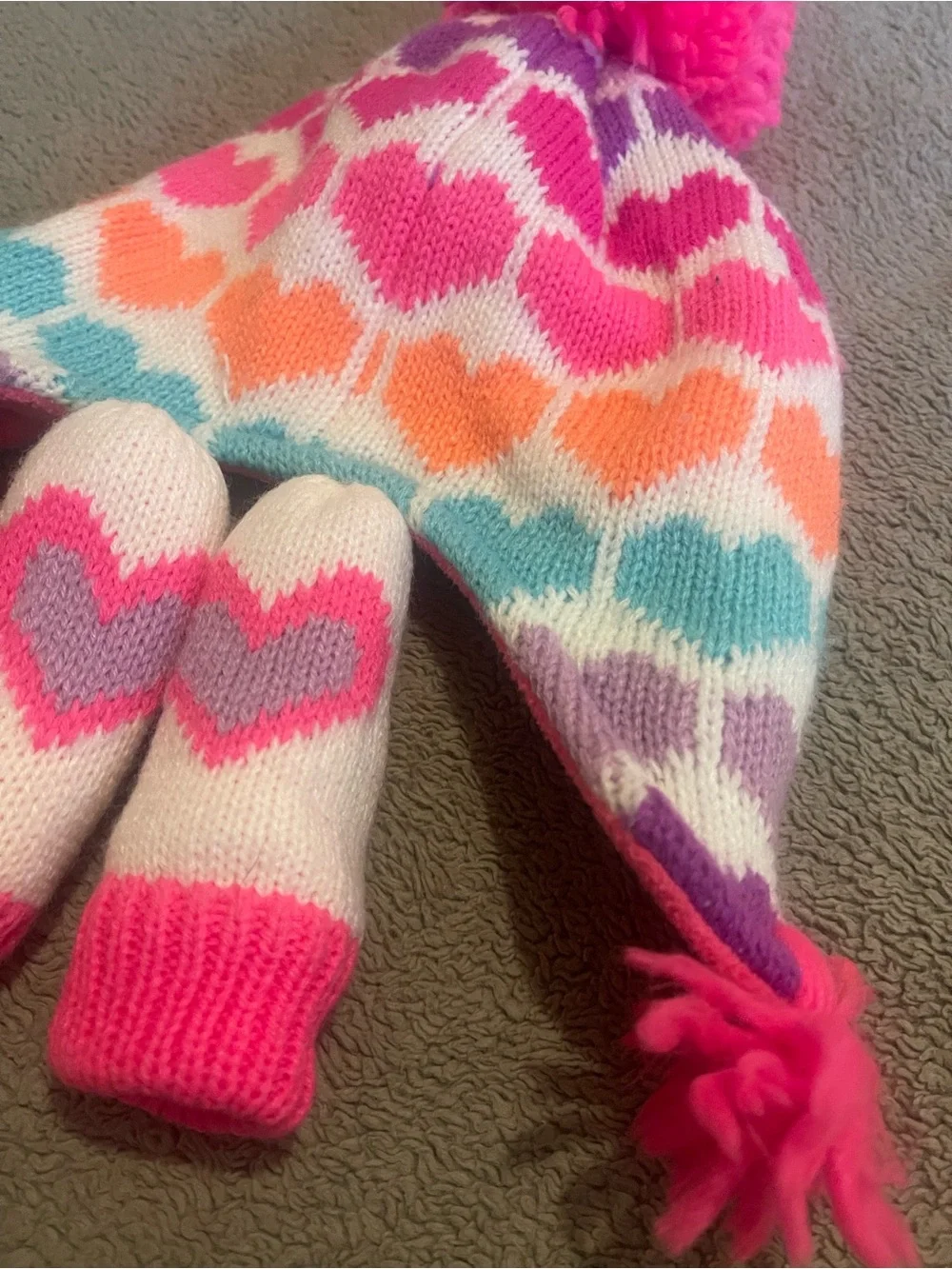 The Children's Place Pink Multi Heart Knit Pom Hat and Mittens Set